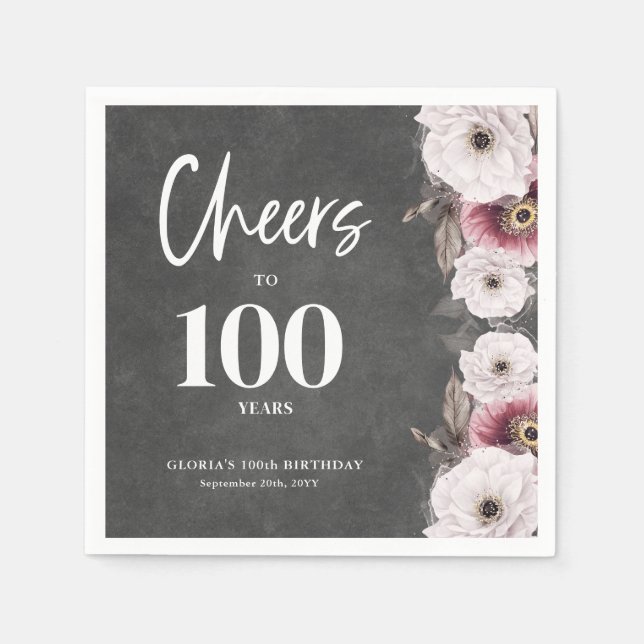 Weiße Blumenkhalkboard jubelt bis zum 100. Geburts Serviette (Vorderseite)