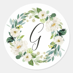 Weiße Blumenkranz-Monogramm Runder Aufkleber