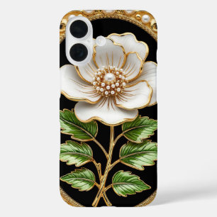 Weiße Blumenkunst mit luxuriösem Gold iPhone 16 Hülle