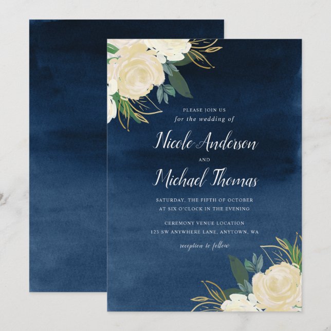 Weiße Blumenmarine-Blau-Aquarell-Hochzeit Einladung (Vorne/Hinten)