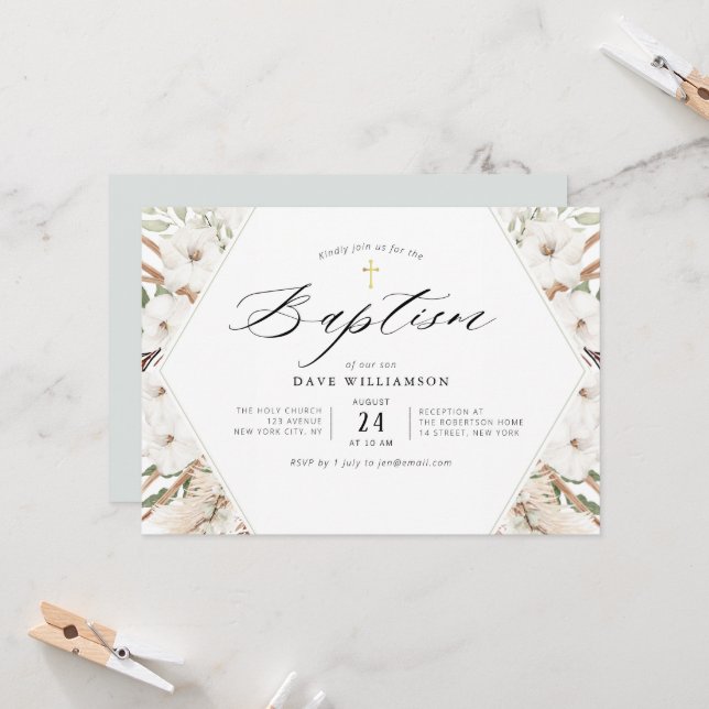 Weiße Blumenpampas elegante Rahmen Taufe Einladung (Vorderseite/Rückseite Beispiel)