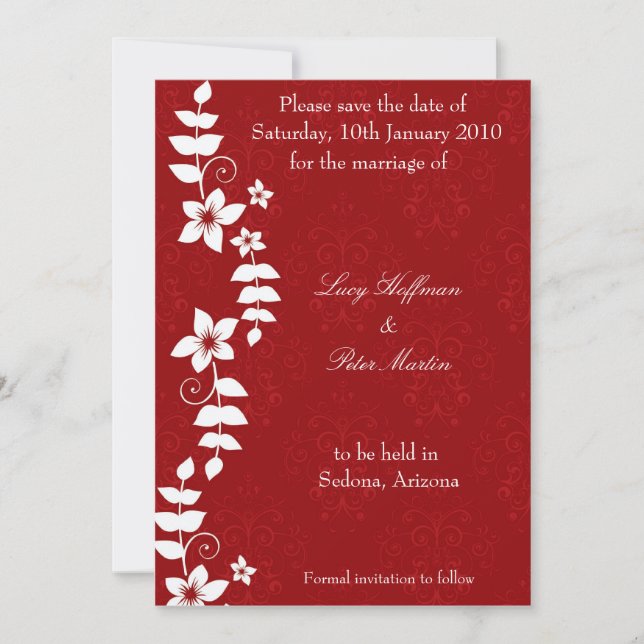 Weiße, blumenrote Save the Date Karte (Vorderseite)