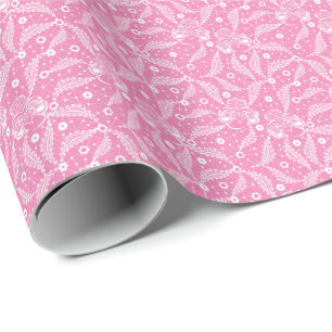 Weiße Blumenstickerei auf rosa Hintergrund Geschenkpapier