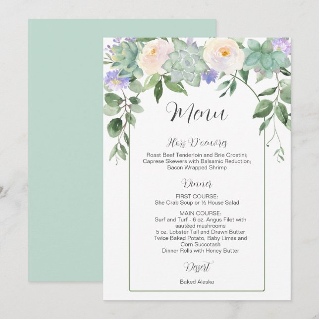 Weiße Blumensukkulente Hochzeitsmenü im Grünen Einladung (Vorne/Hinten)