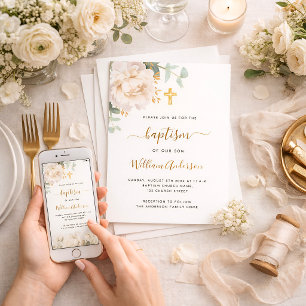 Weiße blumige Eukalyptus-Grünkreuz-Taufe Einladung