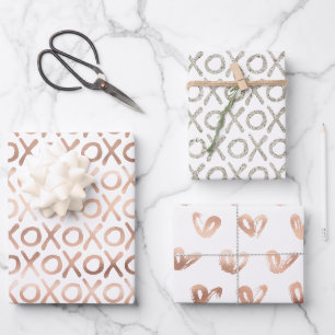 Weiße Blush Pink Rosen Gold Silber XOXO Geschenkpapier Set