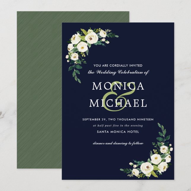 Weiße Blüte | Blue Floral Botanical Corner Wedding Einladung (Vorne/Hinten)