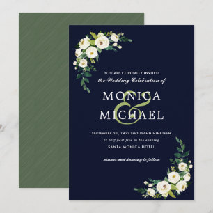 Weiße Blüte   Blue Floral Botanical Corner Wedding Einladung