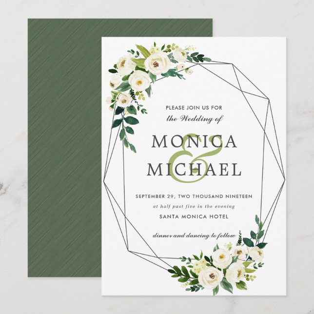 Weiße Blüte | Botanische Hochzeit mit floraler Geo Einladung (Vorne/Hinten)