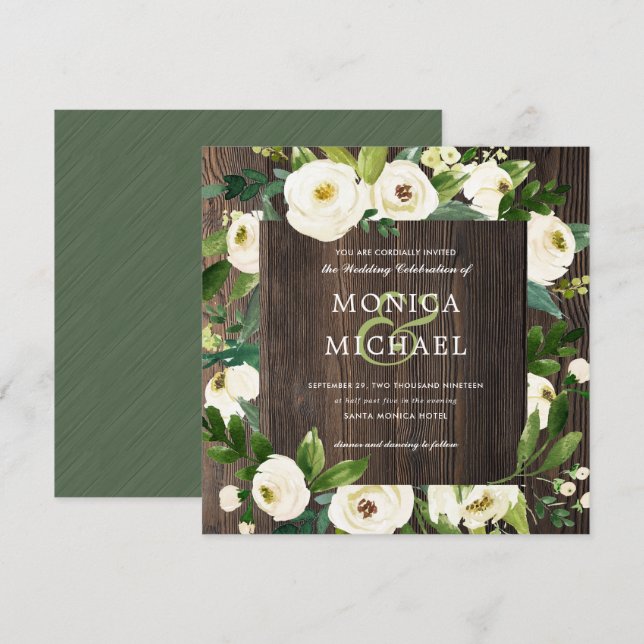 Weiße Blüte | Botanische Hochzeit mit Holzflora Einladung (Vorne/Hinten)