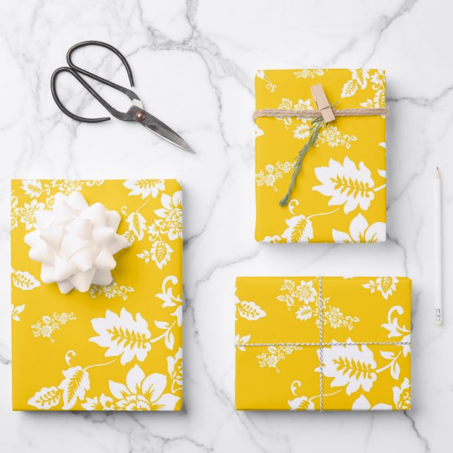 Weiße Blüte im Hintergrund der gelben Frühlingshin Geschenkpapier Set (Vorderseite)