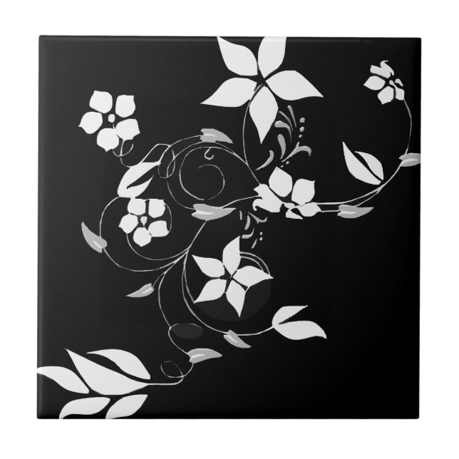 Weiße Blüte in Schwarz Fliese (Vorderseite)