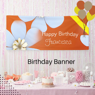 Weiße Blüte mit orangefarbenem Hintergrund Geburts Banner