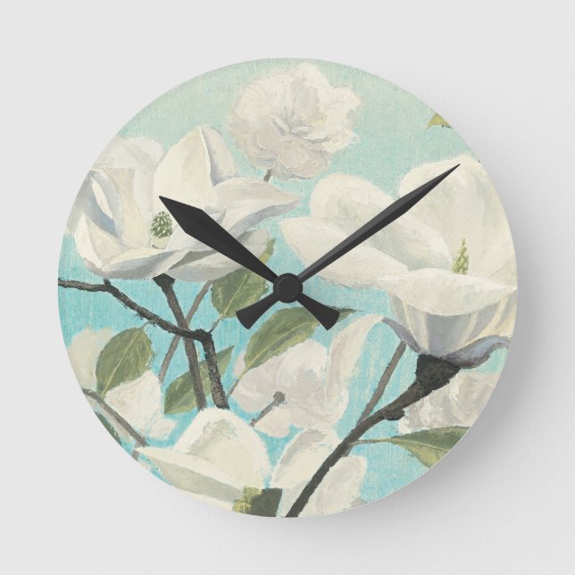 Weiße Blüten aus dem Süden Runde Wanduhr (Vorderseite)