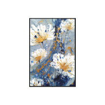 Weiße Blüten mit Gold auf Blau – Abstrakte Wand