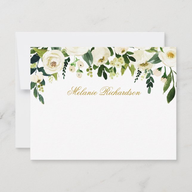 Weiße Blüten, Personalisiertes Gold, grün, grün Mitteilungskarte (Vorderseite)