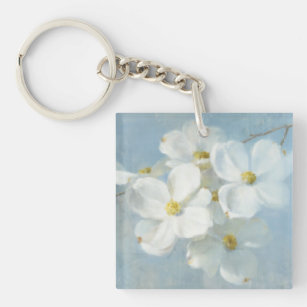 Weiße Blüten-Platte Schlüsselanhänger