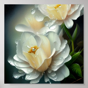 Weiße Blüten und Wassertropfen Poster