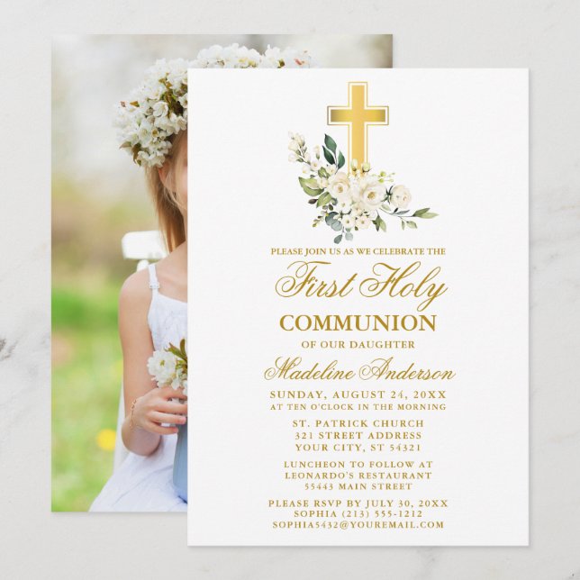 Weiße Blütenfarbe Foto Erste Kommune Einladung (Vorne/Hinten)