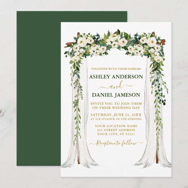 Weiße Blütengoldblüte, Hochzeitskanopie Einladung (Vorne/Hinten)