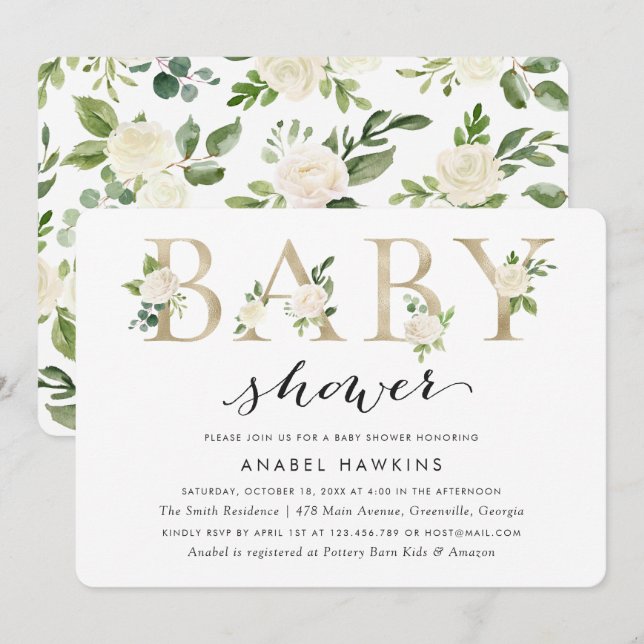 Weiße Blütengrün Gold Foil Babydusche Einladung (Vorne/Hinten)
