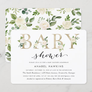 Weiße Blütengrün Gold Foil Babydusche Einladung