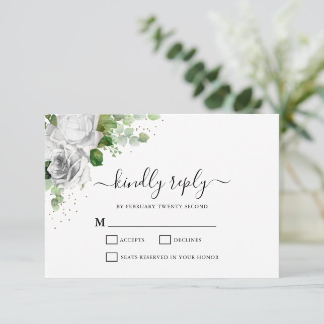 Weiße Blütenkarte und Eukalyptus Wedding RSVP Card (Stehend Vorderseite)