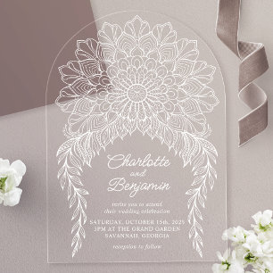 Weiße Boho Mandala Blattrebe Hochzeit Acryleinladungen