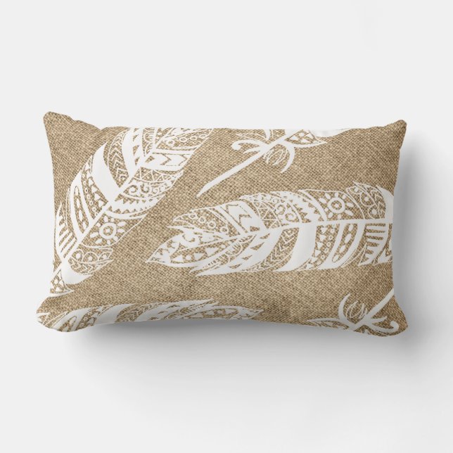 Weiße Boho Stammes- Federn IMITAT Leinwand Lendenkissen (Vorderseite)