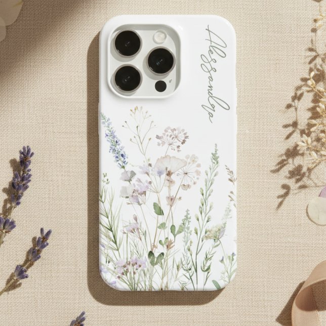 Weiße Boho-Wasserfarben-Wildblumen iPhone 15 Pro Hülle (Von Creator hochgeladen)