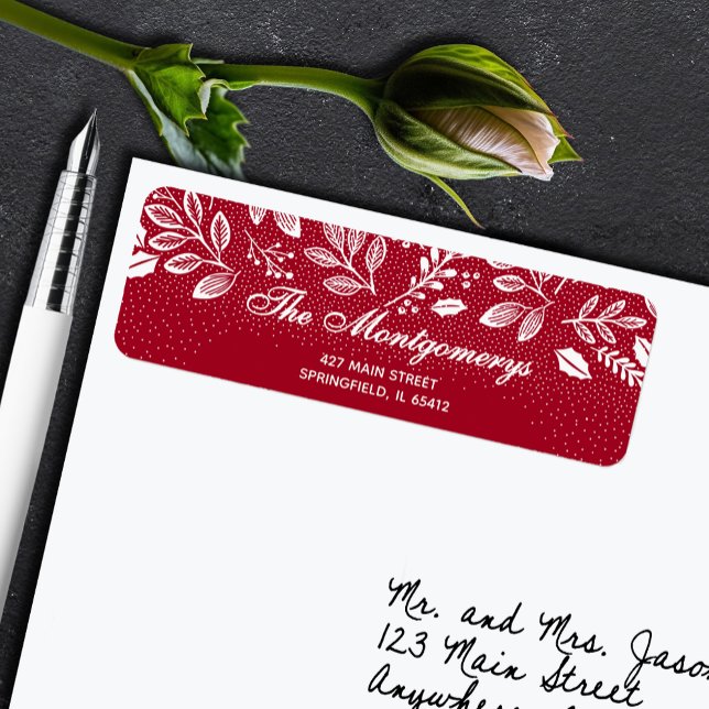 Weiße Botanicals auf Cranberry-Rücksendeadresse (White botanical leaves and dots on cranberry red return address labels)