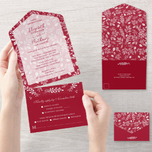 Weiße Botanicals auf Cranberry Wedding All In One Einladung