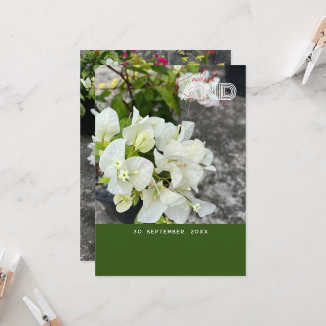 weiße Bougainvillea oder Paperblumenweiß als Schne Einladung (Vorderseite/Rückseite Beispiel)