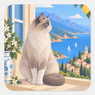 Weiße braune Ragdoll-Mittelmeerkatze Quadratischer Aufkleber