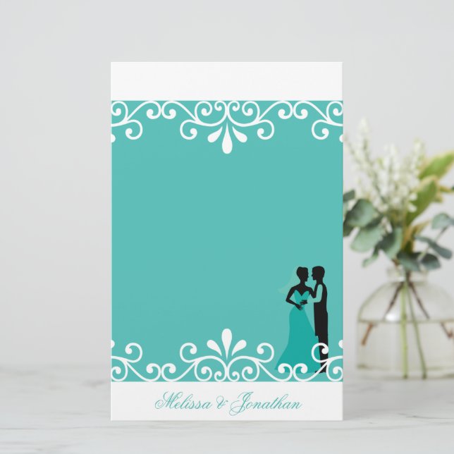 Weiße Brautgrotte Aquamarin Elegante Hochzeit Briefpapier (Stehend Vorderseite)