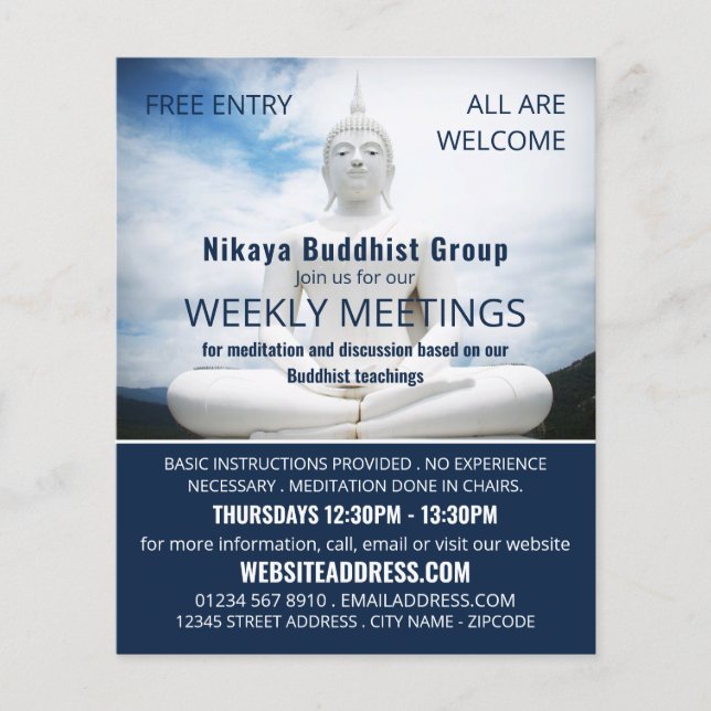 Weiße Buddha-Statue, Buddhismus, buddhistisches Ad Flyer (Vorne)