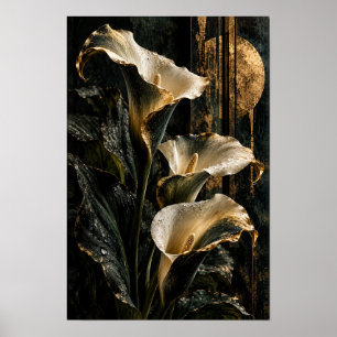 Weiße Calla-Lilien mit goldenem Kreis Botanische W Poster