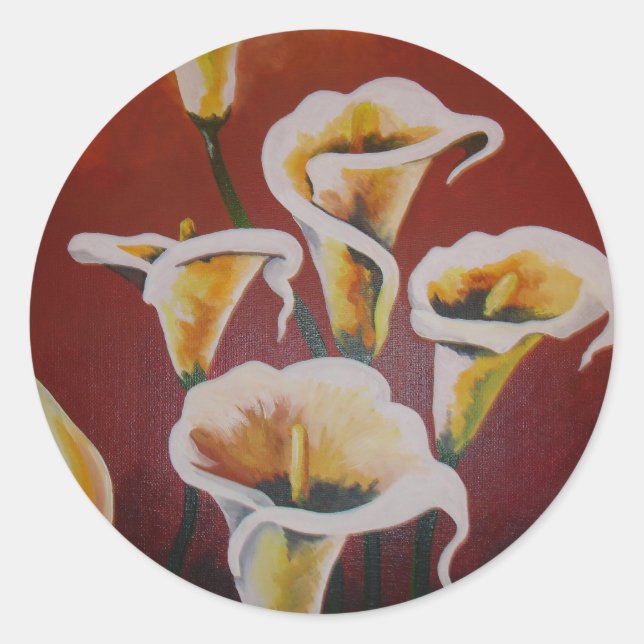 Weiße Calla Lilies künstlerische Schnitt Blume auf Runder Aufkleber (Vorderseite)