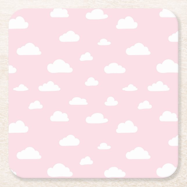 Weiße Cartoon-Wolken auf rosa Hintergrundmuster Rechteckiger Pappuntersetzer (Vorderseite)
