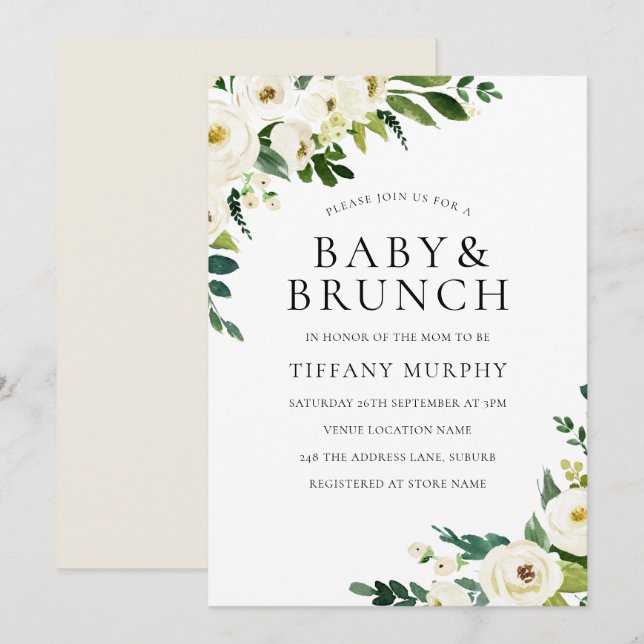 Weiße Champagner-Blume Elegantes Baby Dusche Brunc Einladung (Vorne/Hinten)