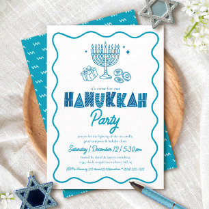 Weiße Chanukka Türkis-Typografie-Doodle-Party Einladung