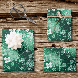 Weiße Chic-Schwarzklee und Punkte auf dunklem Grün Geschenkpapier Set