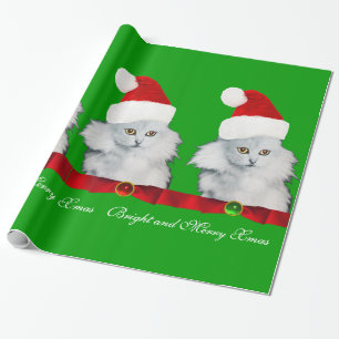 WEISSE CHRISTMAS CAT,SANTA CLAUS HAT UND ROTES RIB GESCHENKPAPIER
