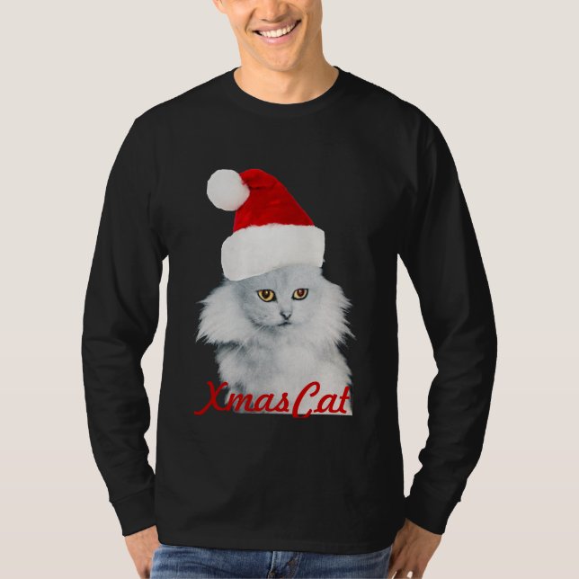 WEISSE CHRISTMAS KATZE MIT SANTA CLAUS HAT T-Shirt (Vorderseite)