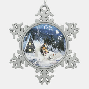 Weiße Collie & Lambs im Märchenschnee - Nacht - Schneeflocken Zinn-Ornament