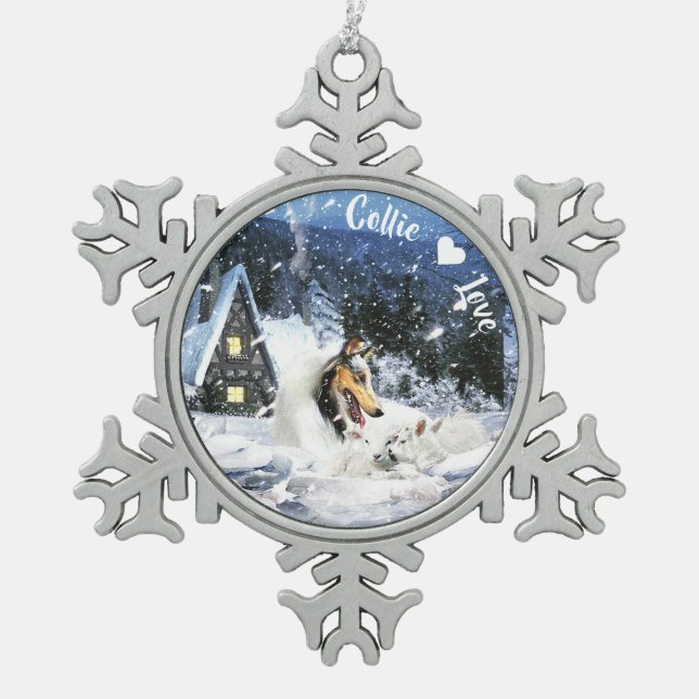 Weiße Collie & Lambs im Märchenschnee - Nacht - Schneeflocken Zinn-Ornament (Vorderseite)