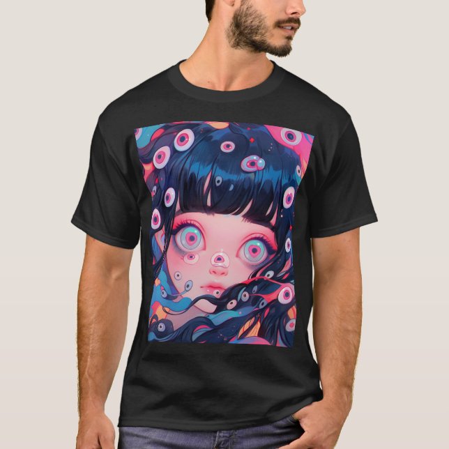 Weiße Creepy Niedlich Anime Girl T-Shirt (Vorderseite)