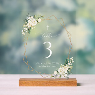 Weiße Creme-Blumen, Boho, Tauf-Tischnummern Acrylschild
