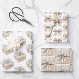 Weiße Creme Silber Glanz Bögen Geschenke Weihnacht Geschenkpapier Set