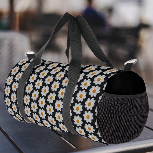 Weiße Dahlia Blumenmuster auf schwarz Duffle Bag (Von Creator hochgeladen)